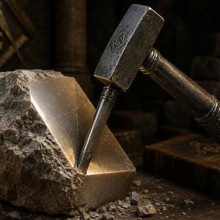Malhete e cinzel desbastando uma pedra bruta até a face polida
