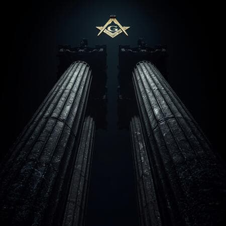 Duas colunas erguendo-se na penumbra sob o esquadro e compasso