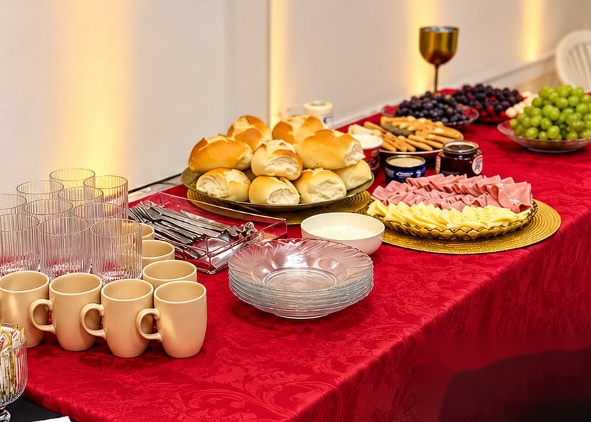 Mesa com toalha vermelha posta para o copo d'água antes da sessão