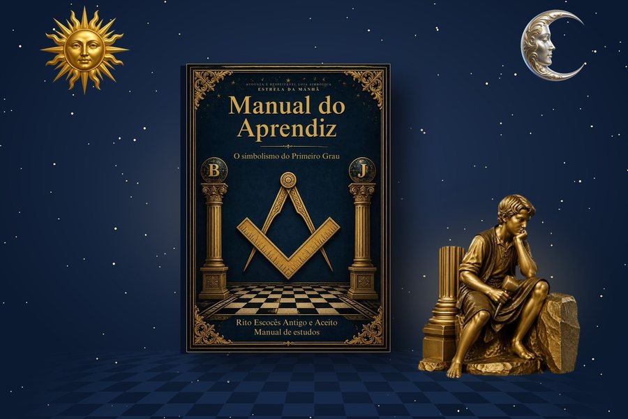 A capa do Manual do Aprendiz sob um céu estrelado, ao lado de uma estátua dourada de um Aprendiz