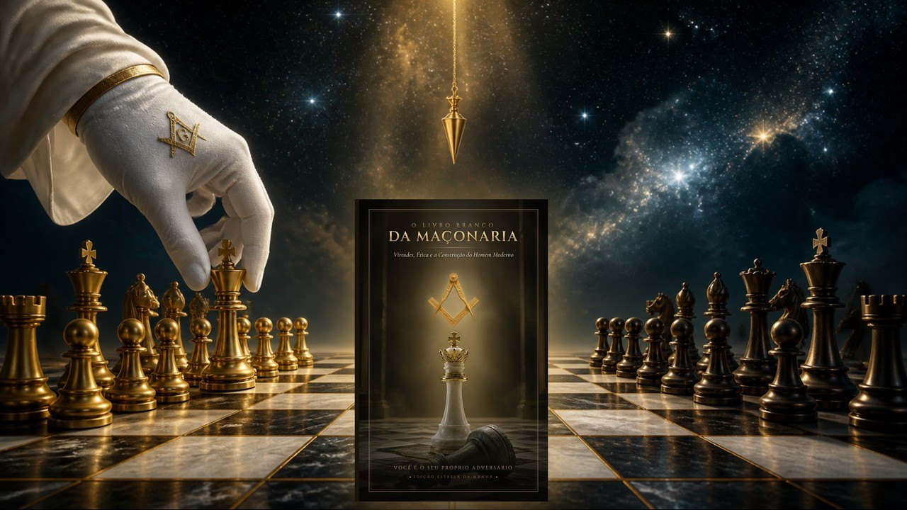 A capa de O Livro Branco da Maçonaria no centro de um tabuleiro de mármore; à esquerda, a mão do Grande Arquiteto, com luva branca e o Esquadro e Compasso dourado, move o Rei entre as peças douradas; à direita, as peças escuras do adversário