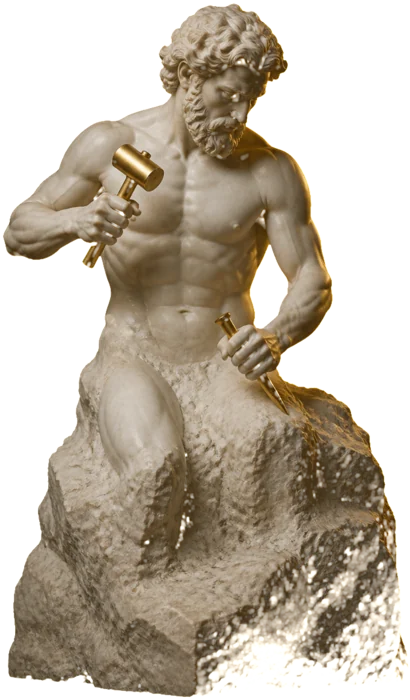 Escultura de mármore de um homem esculpindo a si mesmo com Maço e Cinzel dourados