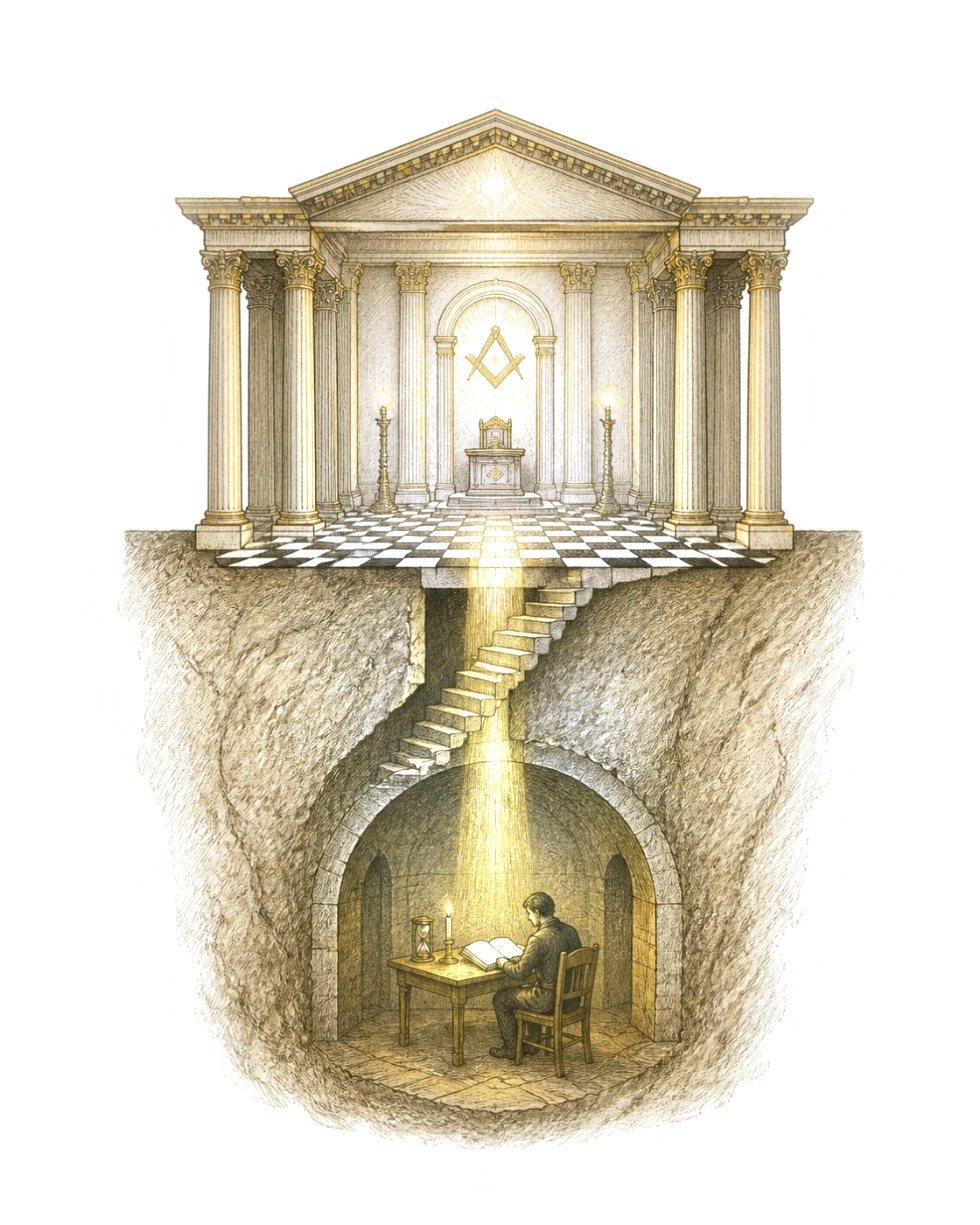 Gravura em ouro e sépia: um templo maçônico e, abaixo dele, a escada que desce à Câmara de Reflexão, onde um homem lê sob um feixe de luz
