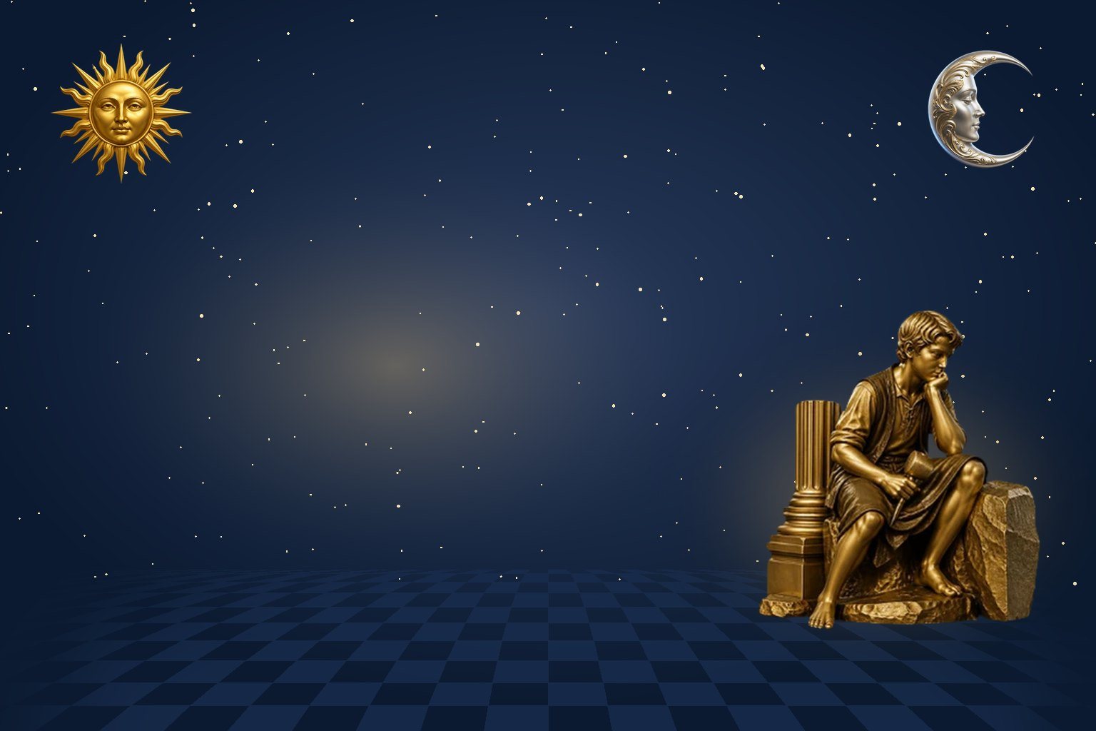 A capa do Manual do Aprendiz sob um céu estrelado, entre o Sol e a Lua, ao lado de uma estátua dourada de um Aprendiz diante da Pedra Bruta