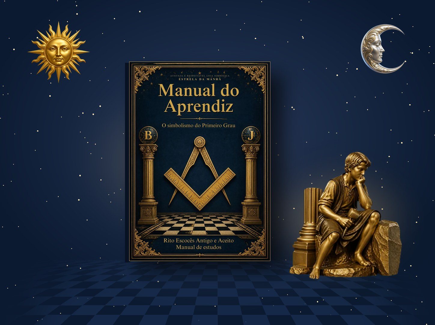 A capa do Manual do Aprendiz sob um céu estrelado, entre o Sol e a Lua, ao lado de uma estátua dourada de um Aprendiz diante da Pedra Bruta